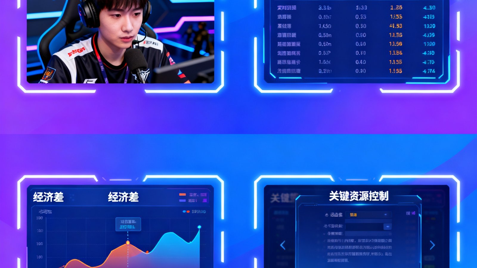 爱游戏多视角直播界面展示，包含选手第一视角、实时KDA、经济差和关键资源控制面板